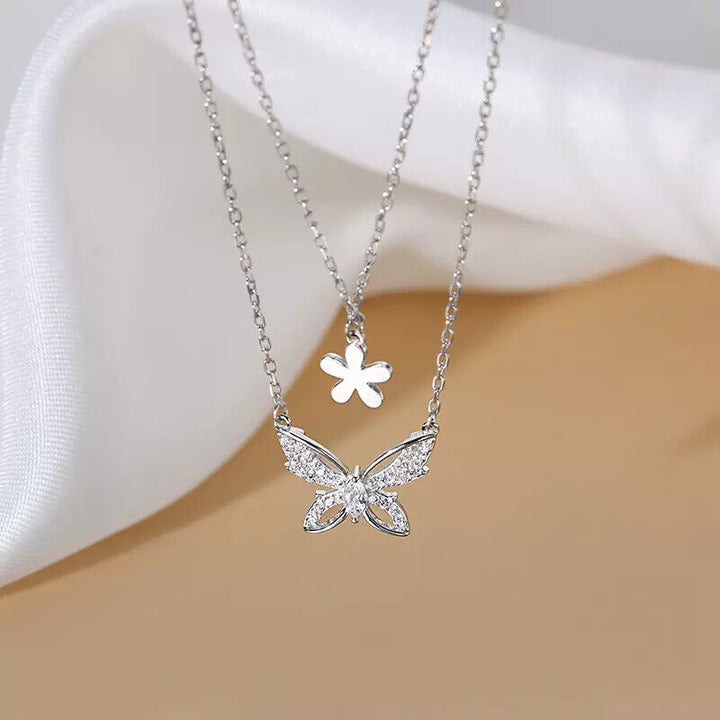 Doppel Halskette Schmetterling Zirkonia Sterling Silber 925 Damen kette - Vipfashion797