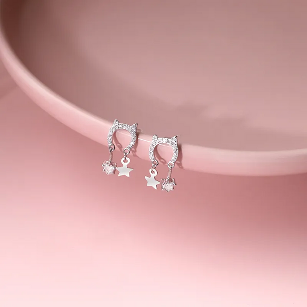 Ohrstecker Katze Sterling Silber 925 Zirkonia Stern Ohrringe Damen Kinder