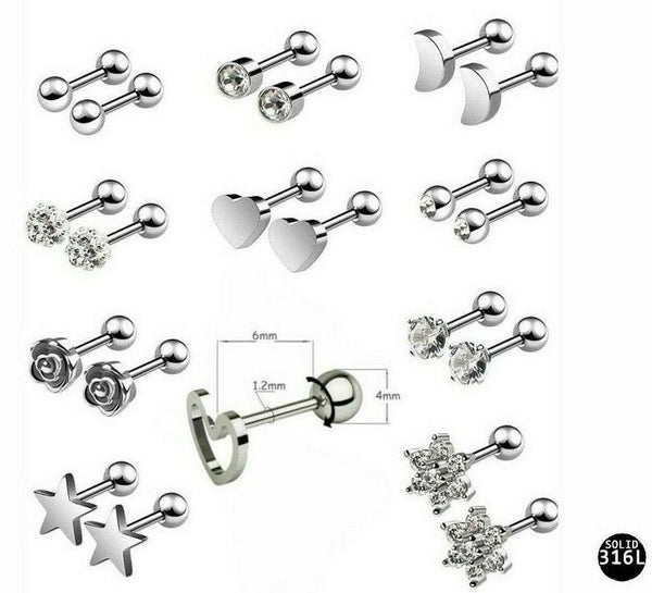 Damen Ohrringe Edelstahl 316L Zirkonia 10 Paar Set Stern Mond Herz Silber