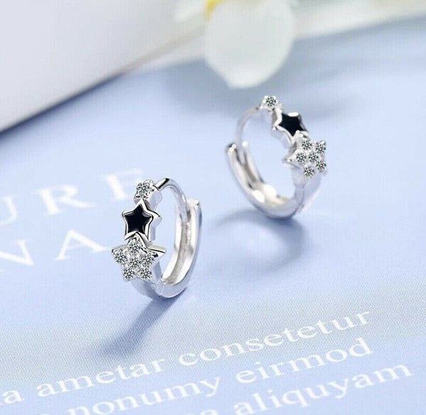 Ohrringe Creolen Zirkonia Stern Silber 925 Damen Schwarz Stern