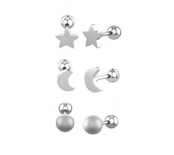Ohrringe Piercing Set Stern & Mond & Ball Gesundheitsstecker 316L mit Schrauben Verschluß
