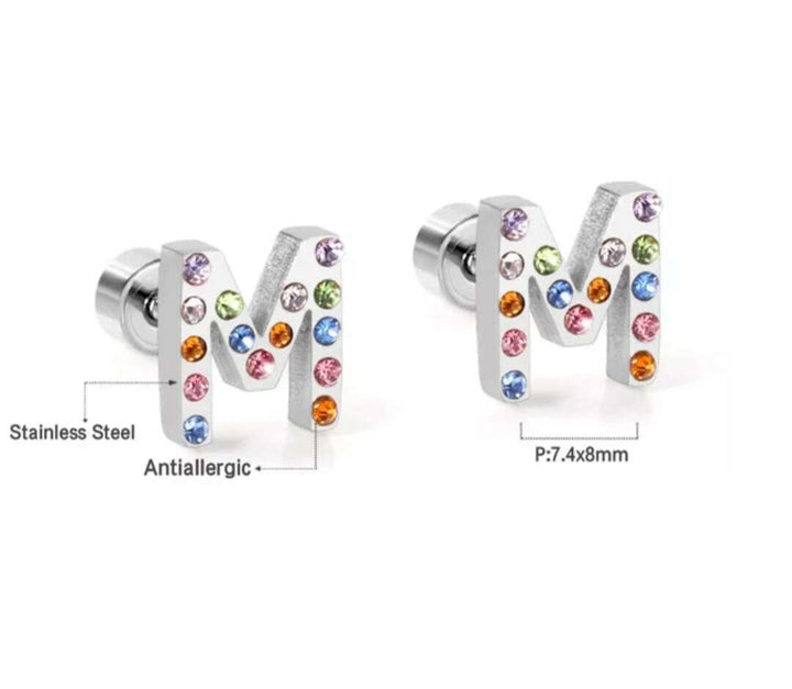 Ohrringe Piercing A & M Buchstaben aus Edelstahl 316L mit Zirkon und Schrauben Verschluss - Vipfashion797
