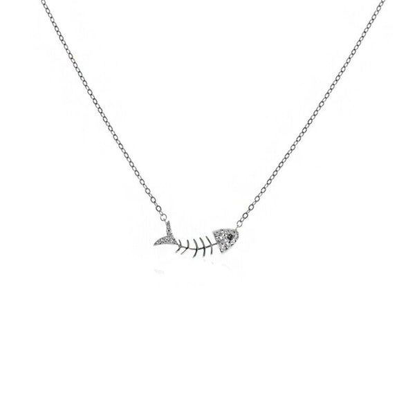 Halskette Gräten echt Sterling Silber 925 Fisch Zirkonia Damen Kette