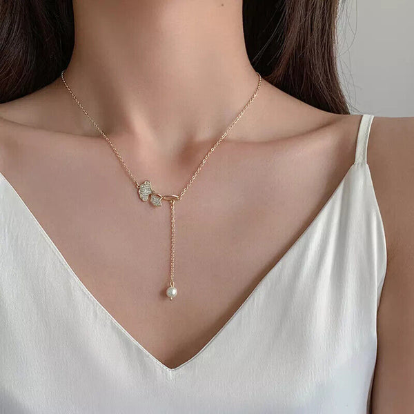 Halskette Ginkgo Blatt Sterling Silber 925 mit Perle Damen Goldn Collier