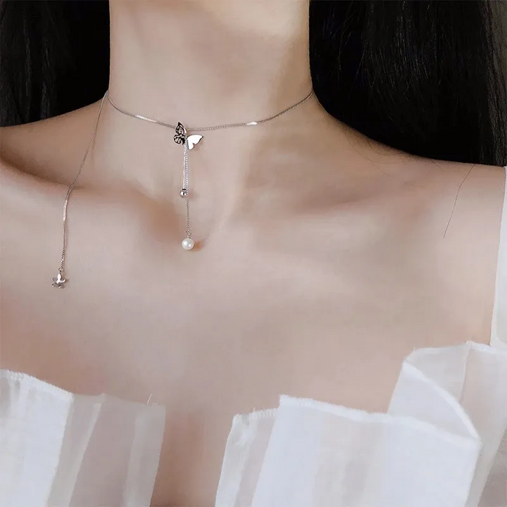 Halskette Choker Schmetterling echt Sterling Silber 925 Perle &Zirkonia. - Vipfashion797