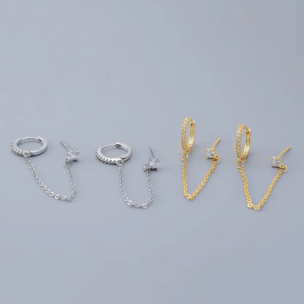 Ohrring für zwei Ohrlöcher mit Kette Sterlingsilber 925 Zirkonia- Damen Creolen