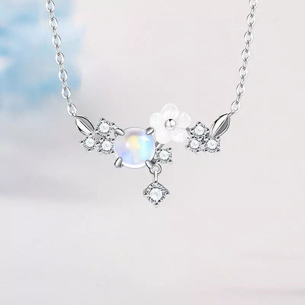 Damen Halskette Blumenzweig Sterling 925 Perlmutt&Opal- Zirkonia rosakette