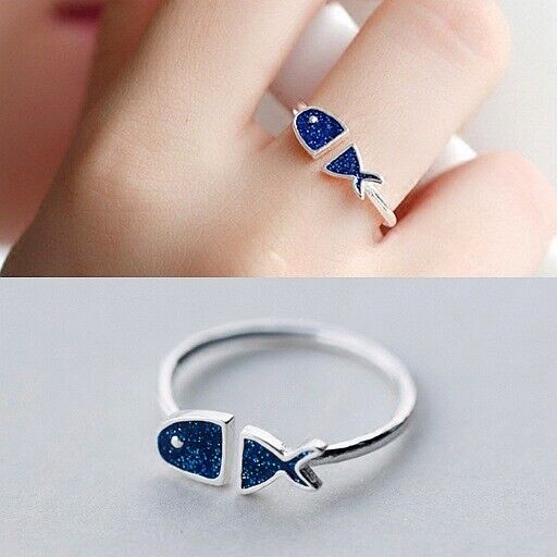 Damen Ring Fisch Sterlingsilber 925 Zirkonia blau verstellbar 51-55 - Vipfashion797
