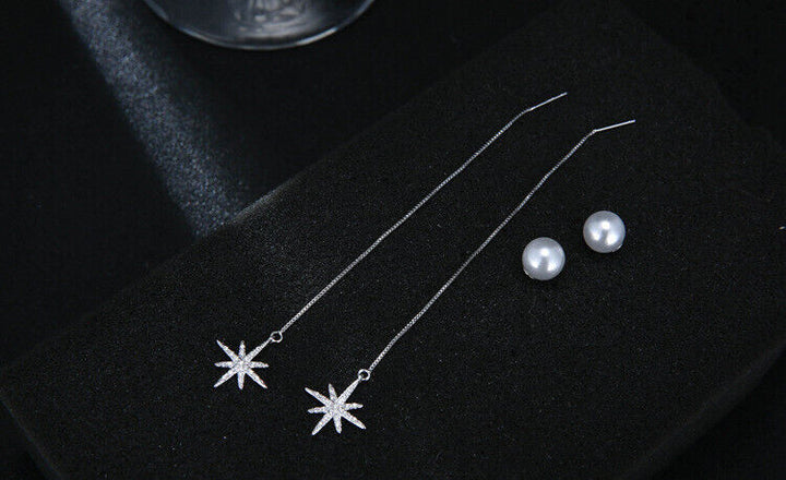 Ohrhänger Durchzieher Stern echt Silber 925 Zirkonia-Perle Damen Ohrringe - Vipfashion797