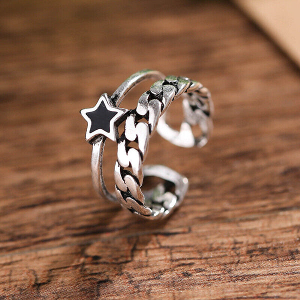 Ring Kette Stern Sterling Silber 925 Geschwärzt 49-53 verstellbar - Vipfashion797