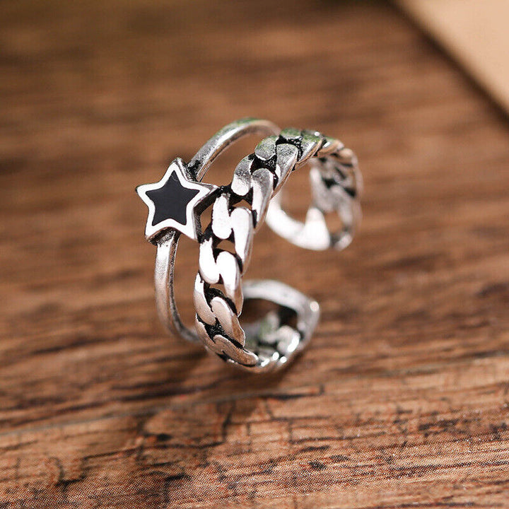 Ring Kette Stern Sterling Silber 925 Geschwärzt 49-53 verstellbar - Vipfashion797