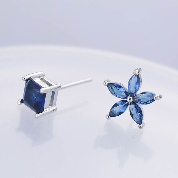 Ohrstecker Quadrat Blume Blau Silber 925 Damen Ohrringe