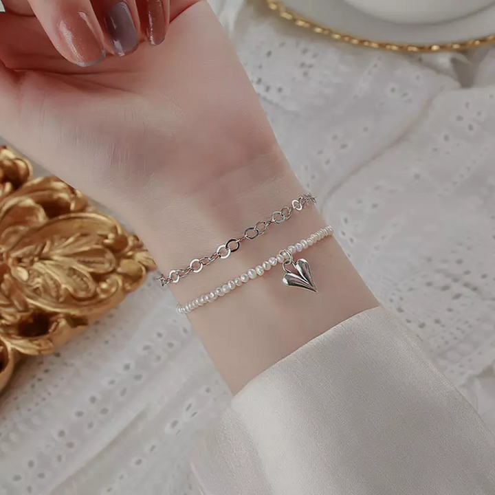 Damen Arm-Fußkette Sterlingsilber 925 mit mini Perle Herz Anhänger Neu - Vipfashion797