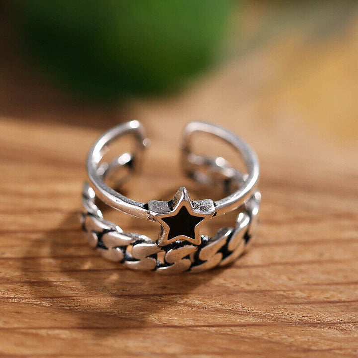 Ring Kette Stern Sterling Silber 925 Geschwärzt 49-53 verstellbar - Vipfashion797