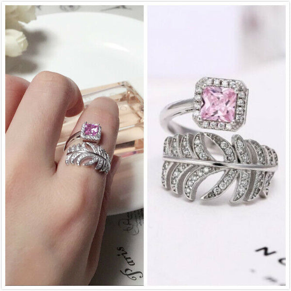 Ring Blatt & Pink mit Zirkonia Silber Mädchen verstellbar 52-56