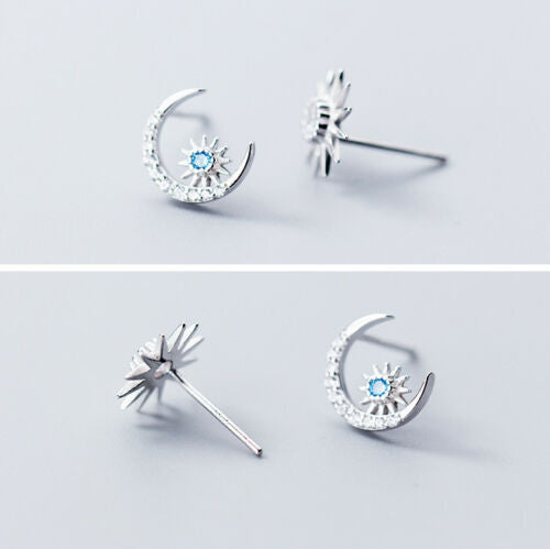 Ohrstecker Sonne-Mond Sterling Silber 925 Blau Zirkonia Damen Ohrringe - Vipfashion797