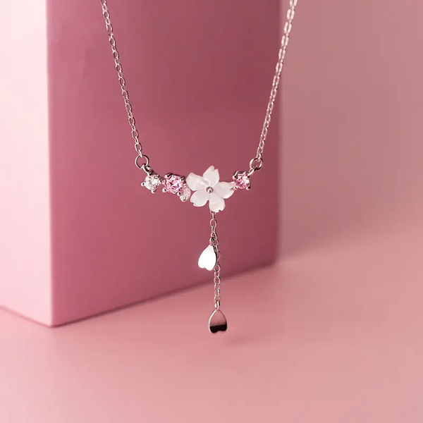 Halskette Blumenzweig Kirschblüte echt SilberSterling 925 Perlmutt rosa Zirkonia