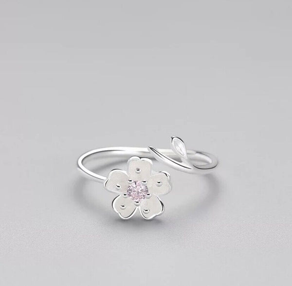 Ring Blume Kirschblüte Silber 925 Rosa Zirkonia Damen Offen 50-54