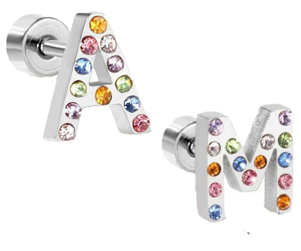 Ohrringe Piercing A & M Buchstaben aus Edelstahl 316L mit Zirkon und Schrauben Verschluss - Vipfashion797