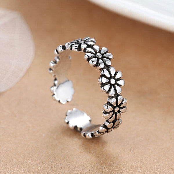 Damen Blumen Ring Silber 925 Geschwärzt Größenveränderbare 48-53