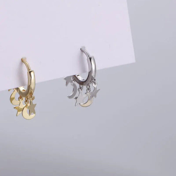 Creolen mit Anhängern Stern-Mond Sterling Silber 925 Damen Mädchen Ohrringe