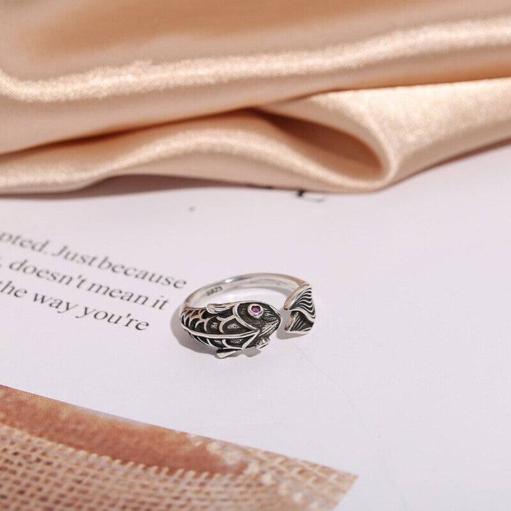 Ring Fisch Silber 925 Geschwärzt Damen 50 - 60 Verstellbar - Vipfashion797