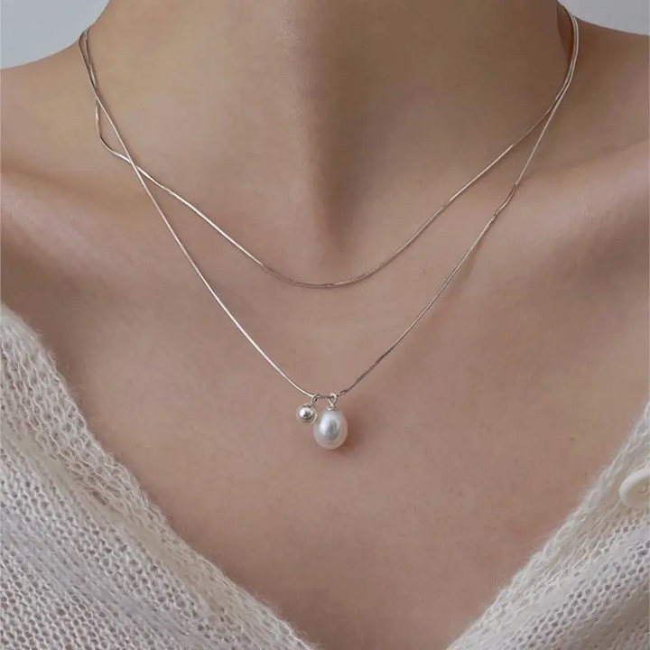 Doppelte Halskettemit mit Perle Sterling Silber 925 Damen Mädchen Collier - Vipfashion797