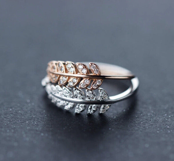 Ring Blatt Zirkonia Silber & Rosegold Damen Mädchen Größe Verstellbar