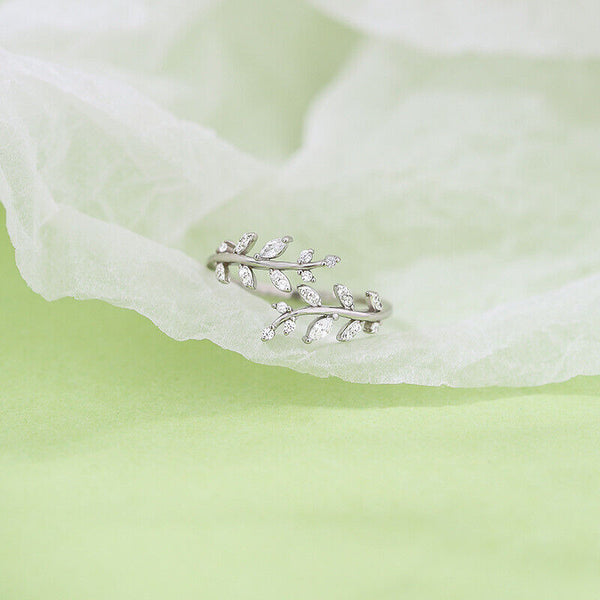 Damen Ring Blatt mit Zirkonia Sterling Silber 925 verstellbar  47-56 - Vipfashion797