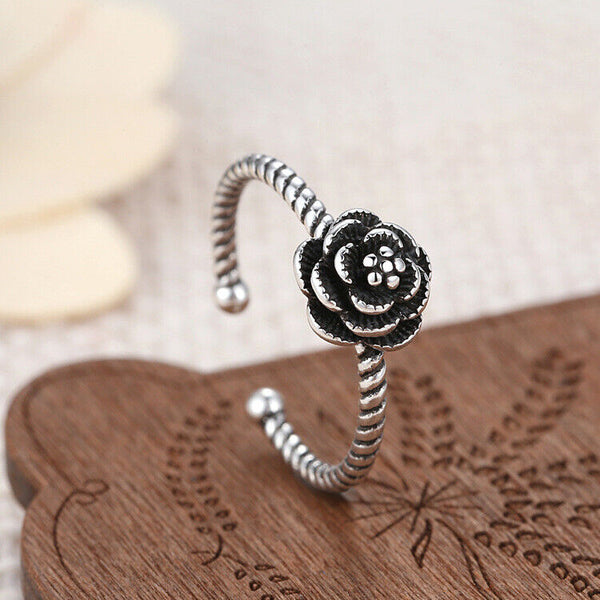 Damen Ring Blume Sterling Silber 925 Geschwärzt verstellbar 46-53 - Vipfashion797