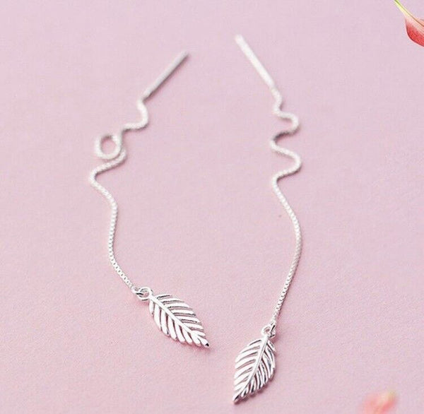 Durchzieher Sterling Silber 925 Blätter lang Kette Damen Ohrringe