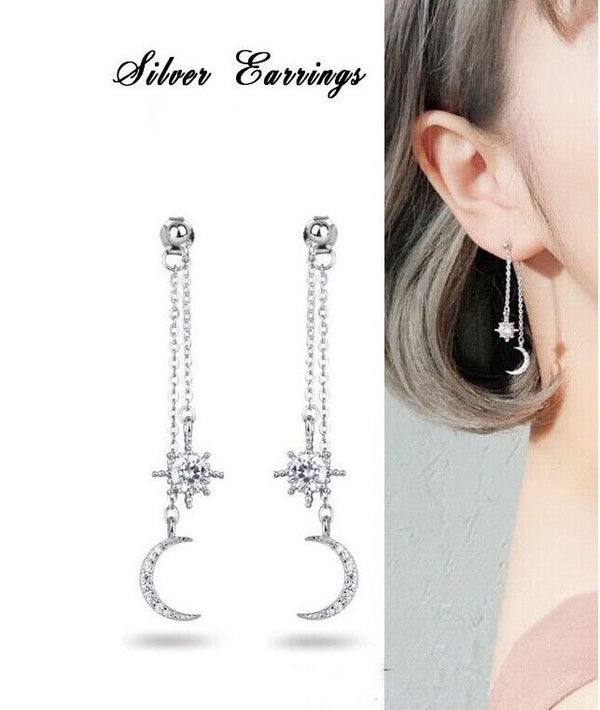 Ohrstecker Langekette Silber 925 Stern-mond Damen Ohrringe