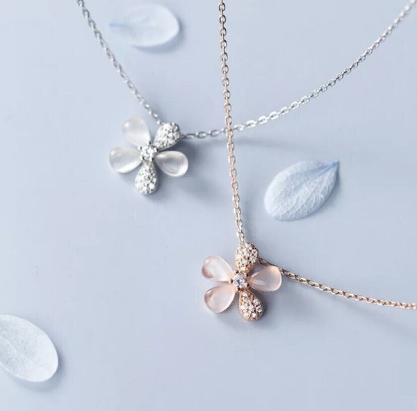 Damen Halskette mit Anhänger Opral & Zirkonia echt Silber 925 Blume