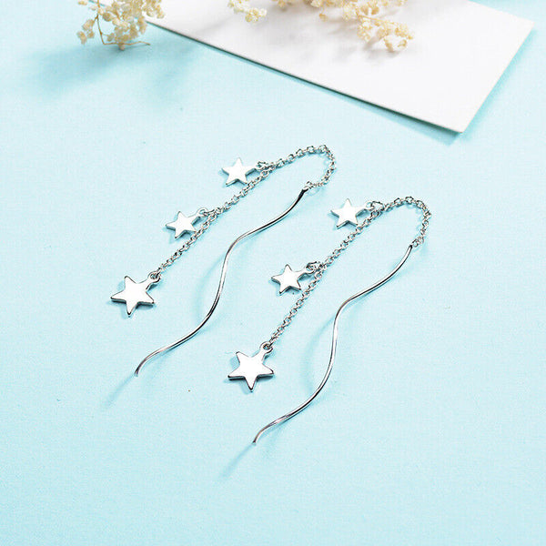 Durchzieher Sterling Silber 925 Sternen lang Kette Damen Ohrringe