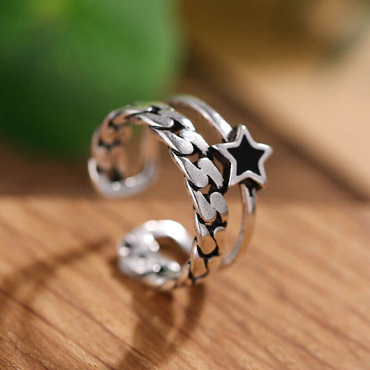 Ring Kette Stern Sterling Silber 925 Geschwärzt 49-53 verstellbar - Vipfashion797