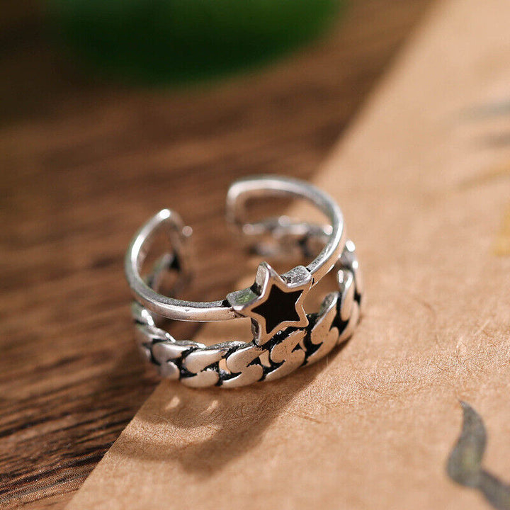 Ring Kette Stern Sterling Silber 925 Geschwärzt 49-53 verstellbar - Vipfashion797
