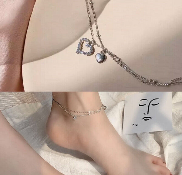 Doppel Fußkettchen Herzen Sterlingsilber 925 Damen Fußkette