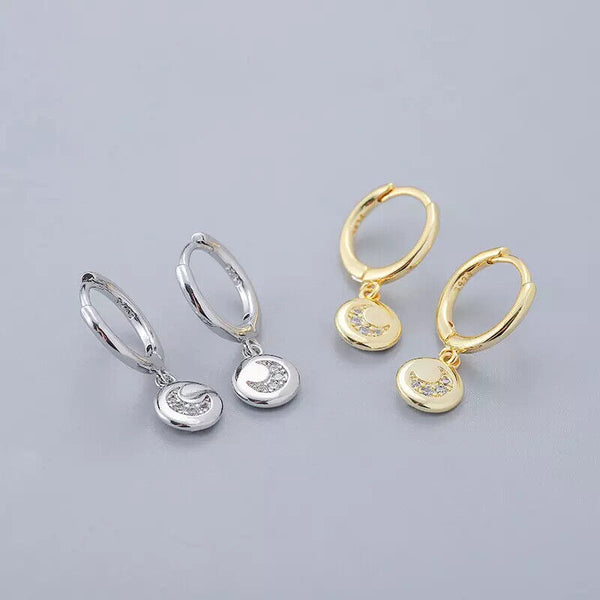 Damen Creole Sterling Silber 925 Mond mit Zirkonia Ohrringe