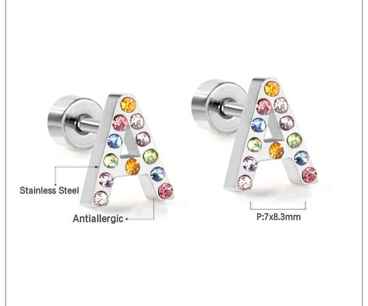 Ohrringe Piercing A & M Buchstaben aus Edelstahl 316L mit Zirkon und Schrauben Verschluss - Vipfashion797