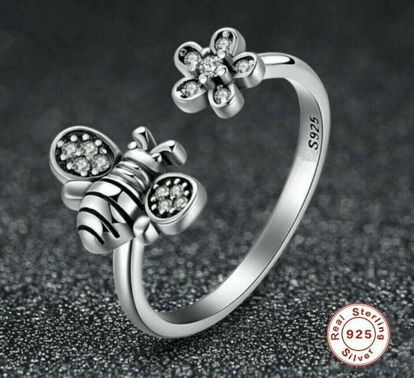 Damen Ring Sterling Silber 925 Biene mit Zirkonia Verstellbar 52-55