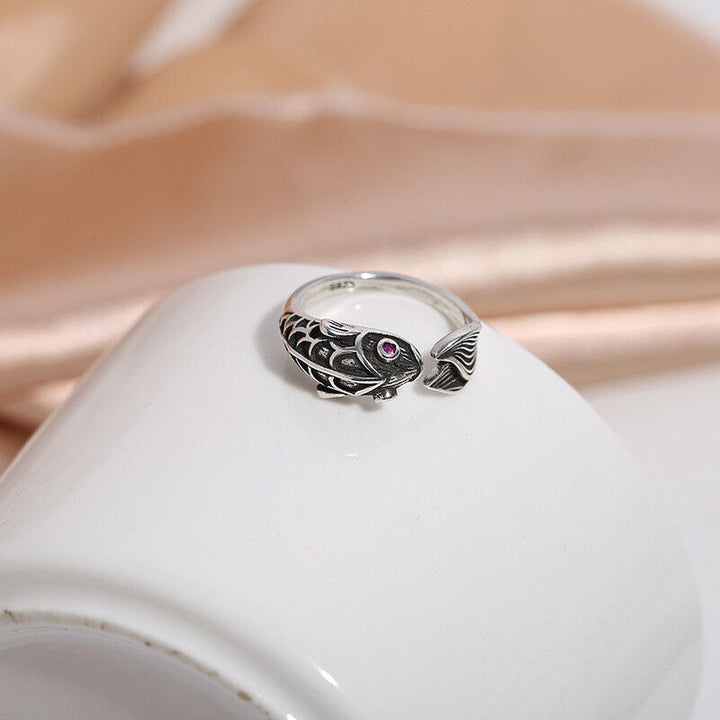 Ring Fisch Silber 925 Geschwärzt Damen 50 - 60 Verstellbar - Vipfashion797