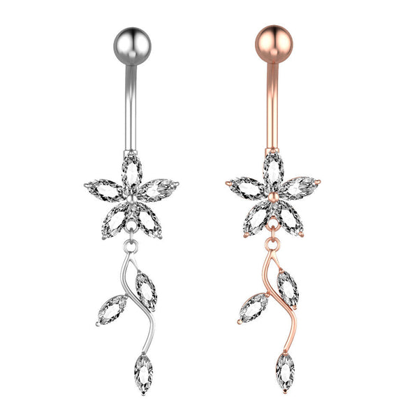 Bauchnabel Piercing Gebogener Stab Zirkon Nabel Kristall Blume Blatt Langkette