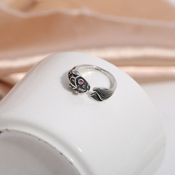 Ring Fisch Silber 925 Geschwärzt Damen 50 - 60 Verstellbar - Vipfashion797