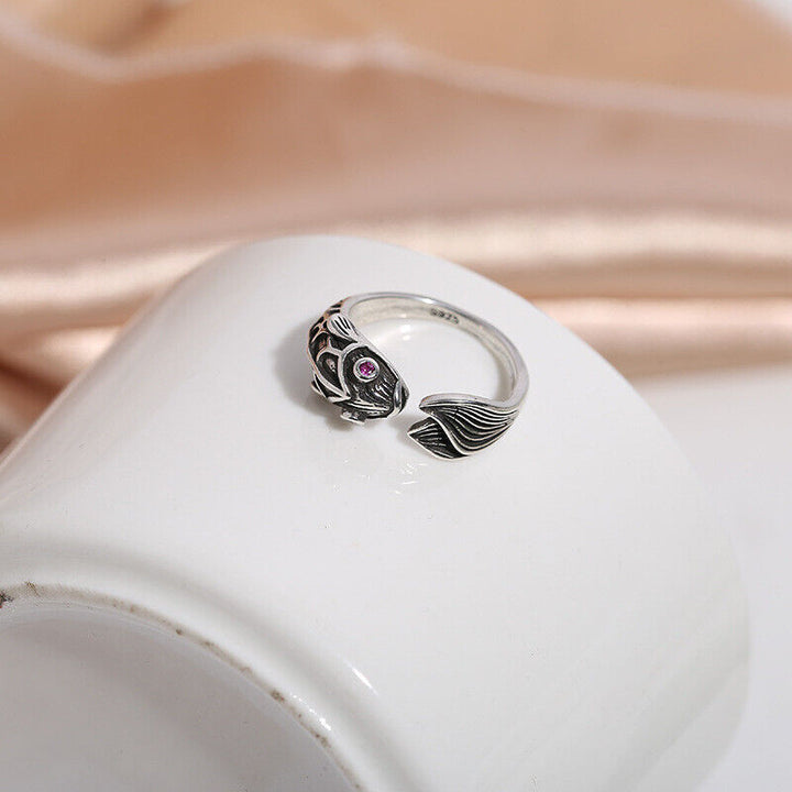 Ring Fisch Silber 925 Geschwärzt Damen 50 - 60 Verstellbar - Vipfashion797