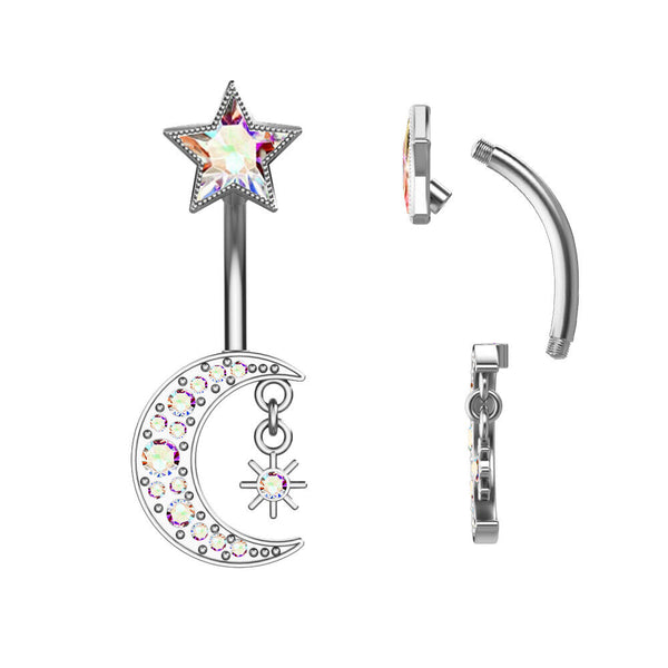 Chirurgenstahl Bauchnabel Piercing Mond Stern Gebogener Stab Nabel Kristall