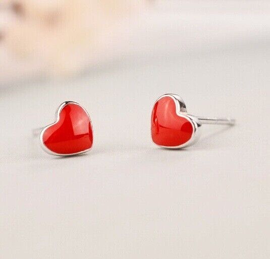 Herz Rot echt Sterling Silber 925 Damen Mädchen Kleine Ohrringe Ohrstecker