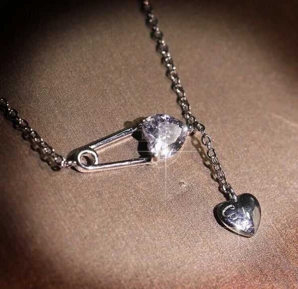 Herz Halskette Sicherheitsnadel Sterlingsilber 925 Zirkonia Damen Kette